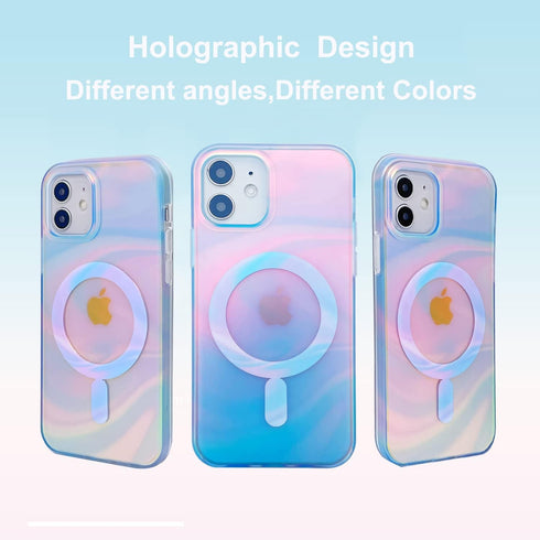 Magnetic Case for iPhone 12 Mini 5.4 inch Compatible with MagSafe Charging Soft TPU Bumper Slim Shockproof Protective Cute Cover for iPhone 12 Mini with Screen Protector(Holographic Pastel Blue Swirl)