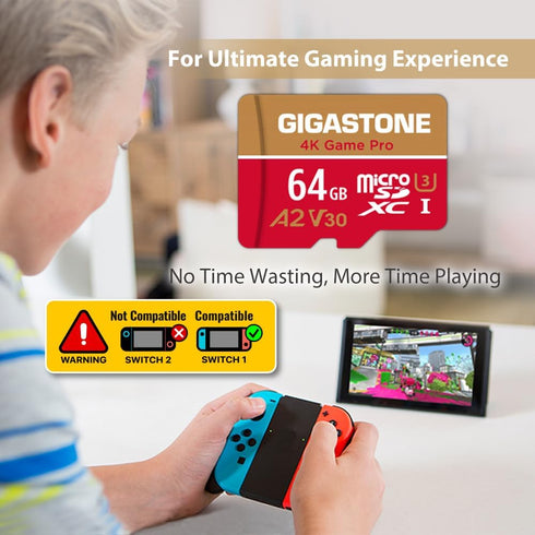 Gigastone 1 64GB 4K 95/35MB/s, U3 A2 V30 5-Years For Switch Only Micro SD Card, Game Pro, MicroSDXC Memory Card