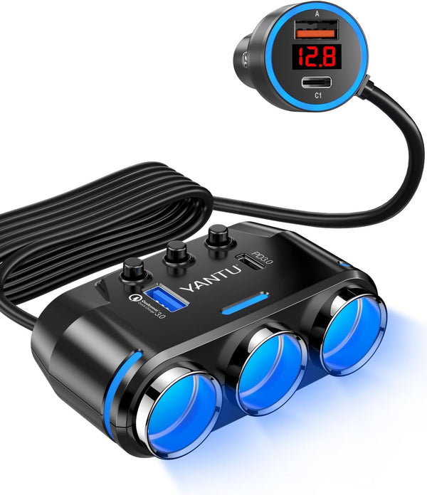 YANTU QC3.0 & PD 212W Cigarette Lighter Adapter, 3-Socket Splitter with 12V USB Outlet for Car Devices