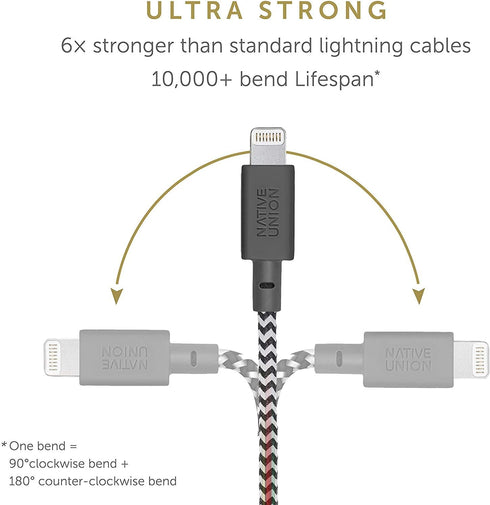 Native Union Night Cable - 10ft Ultra-Strong Reinforced Lightning to USB-A Charging Cable, Zebra