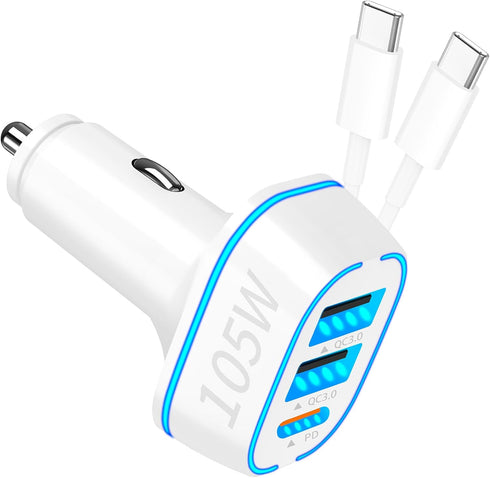 105W USB Car Charger 3-Port for Family Travel, PD 45W & QC3.0 30W Super Fast Charging for Multiple Devices