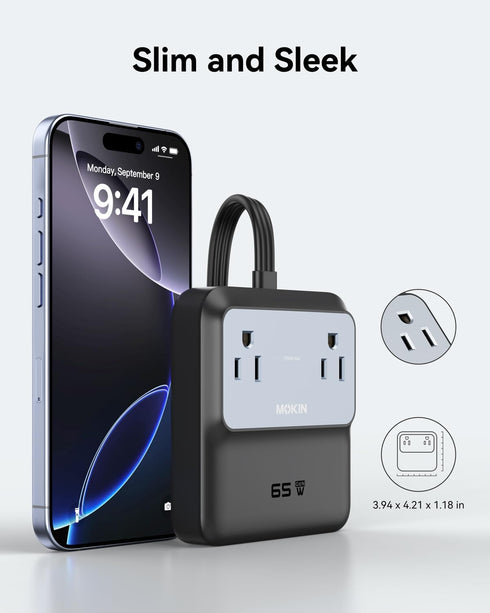 imokin 65W 6-in-1 17/16 5ft Cord,2 AC,2 USB-A,2 Charging Station, Max USB C Power Strip for iPhone and MacBook, Flat