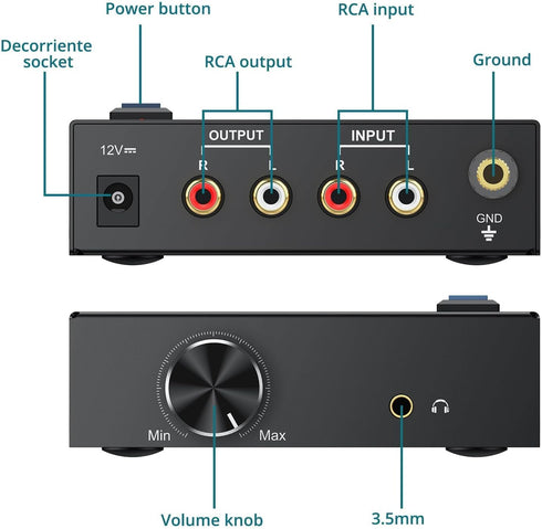 MM 3.5mm 12V 1A Phono Preamp for Turntable, Mini Stereo Phono Preamplifier with Volume Control, Low Noise Operation