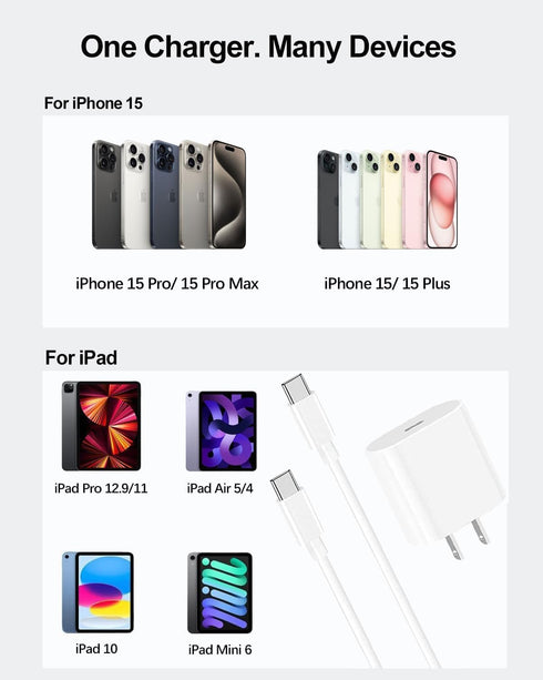 20W PD Wall Charger for iPad Pro 12.9/11, iPad Air 5/4, iPad 10, Mini 6 + 6.6ft USB C to C Charging Cable.
