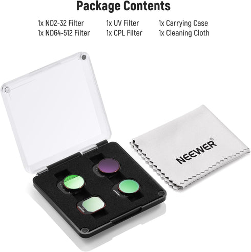 NEEWER Variable ND Filter Set for DJI Mini 4 Pro, 4 Pack ND2-ND32 (1-5 Stops)/ND64-ND512 (6-9 Stops) Multi Coated
