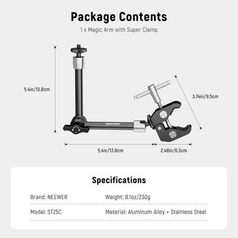 NEEWER 9.8"/25cm Adjustable Magic Arm with Super Clamp, Compatible with SmallRig Camera Cage, Max Load: 4.4lb