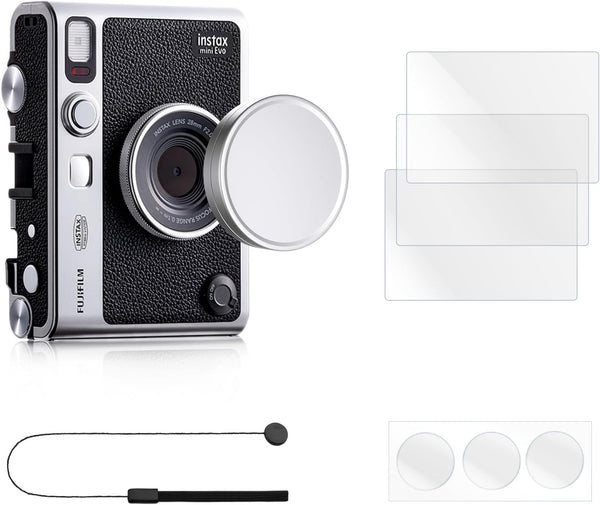 Rieibi Lens Cap & Screen Protector for Fujifilm Instax Mini EVO, Accessories with Anti-Loss String & LCD Protector