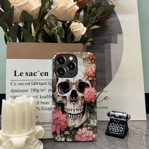 Compatible with iPhone 14 Pro Case, Skull Red Flowers Pattern Print Phone Case, Durable Fashion Funny Liquid Silicone