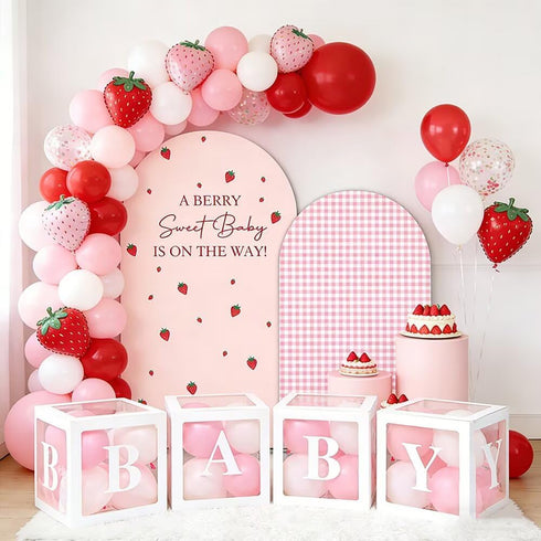 agogos 2 Covers,Set 2(6FT/5FT) Pcs A Berry Sweet Baby is ON The Way Arch Backdrop of Pink Plaids Strawberry Theme Arch