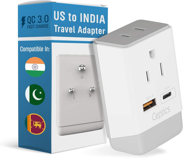 Ceptics US to India Plug Adapter, Type D QC 3.0 & PD, Safe USB Fast Charging for Pakistan Nepal Sri Lanka