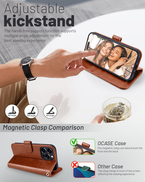 OCASE Wallet Case for iPhone 15 Pro Max, Brown, PU Leather Flip with Card Holders & RFID Blocking