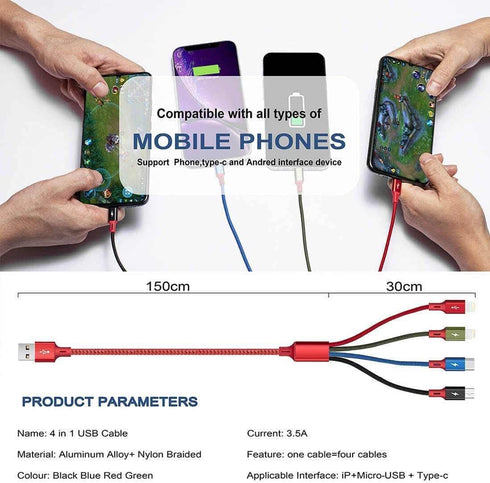 4 in 1 USB/USB-C to 2 USB-C and 2 Lightning Multicharging Cables for iPhones and Android Phones