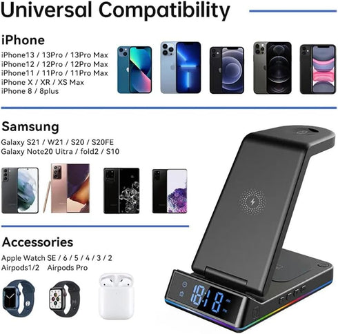 STC 5 in 1 Wireless Charger with Clock/Alarm and Night Light, 15W Qi Fast Charging Station Compatible with iPhone,