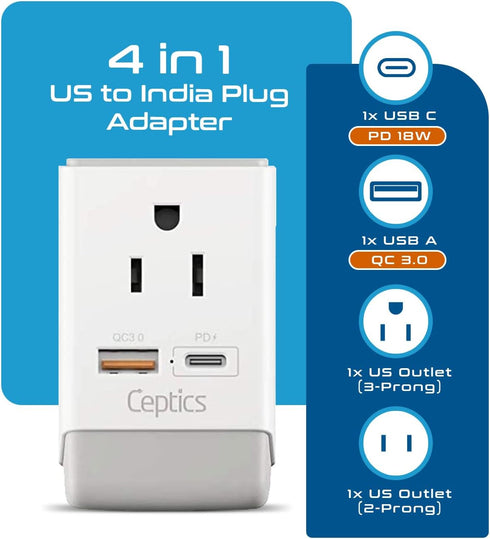 Ceptics US to India Plug Adapter, Type D QC 3.0 & PD, Safe USB Fast Charging for Pakistan Nepal Sri Lanka