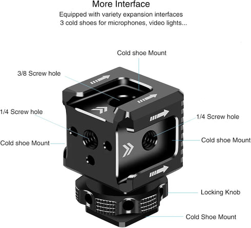 3 1/4"-20 Port Cold Shoe Mount with Thread for Camera Cage Flash LED Monitor Microphone etc., Aluminum Camera Triple
