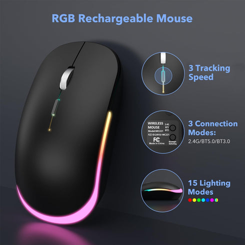 Wireless Keyboard and Mouse Backlit, Slim Portable Rechargeable Multi-Device Bluetooth Keyboard, RGB Silent Mouse for