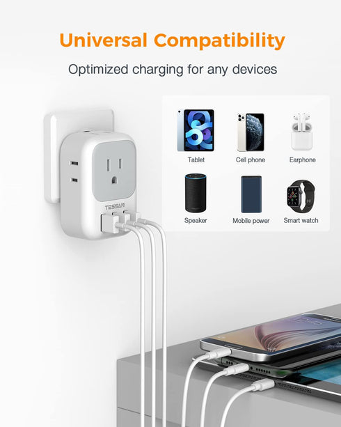USB Charger Block - TESSAN USB Plug Adapter with 4 Box Splitter and 3 USB Wall Charger Ports for Travel, Office, Dorm