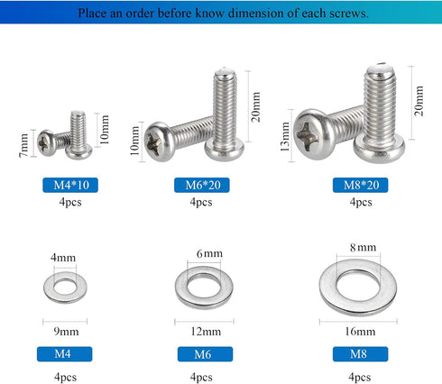 TV Mount Hardware Kit, Universal VESA Screws for TV and Monitor Mounts, 24pcs M4 M6 M8 Stainless Steel Screws
