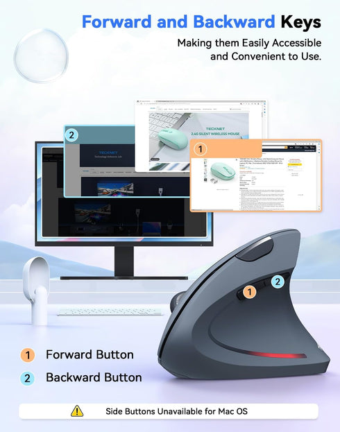 TECKNET Ergonomic Wireless Mouse - 4800 DPI Silent Mouse with 5 Adjustable DPI, 2.4G Vertical Mouse, Grey