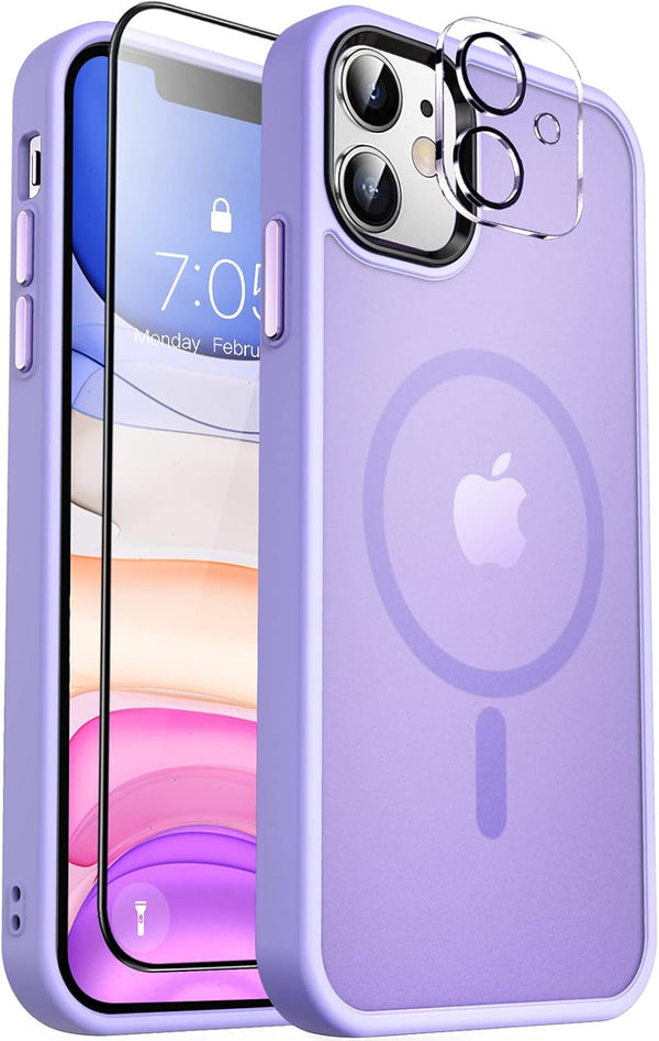 MOCCA Magnetic iPhone 11 Case, Slim Thin Shockproof Cover with Glass Screen Protector - Light Purple