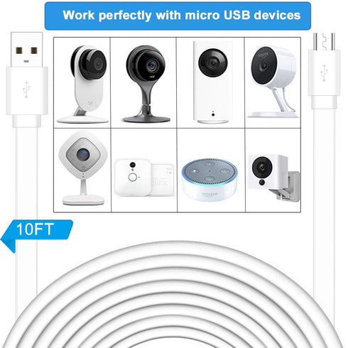 3PCS 10FT Flat Micro USB Power Extension Cable for Wyze Cam, Yi Cam, Oculus Go, Kasa, Nest Cam, Indoor Security