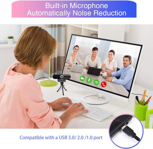 HZQDLN 4K 8MP Webcam with Microphone, Laptop PC Desktop Computer Web Camera, USB Webcams for Video Calling Recording