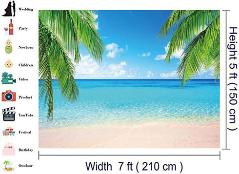 7x5ft Summer Beach Photography Backdrop, Sea Ocean Palm Leaf Background for Wedding & Party Supplies