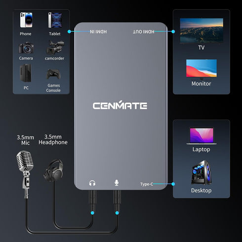 cenmate 3.0 1080P 60FPS 4K@30Hz Switch/PS5/Xbox/Camera/PC Aluminum HDMI Capture Card, USB Audio Video Capture Card