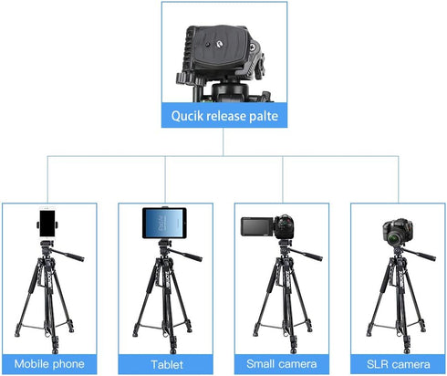 61’’ Camera Tripod with Phone Holder - Professional Travel Tripod Compatible with Cameras, Cell Phones, Projectors