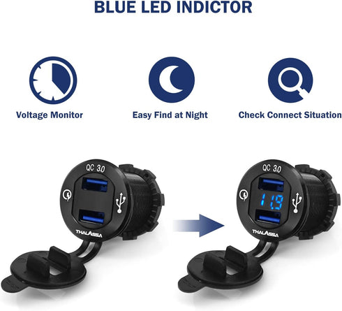 QC 3.0 Dual USB Fast Charger Socket - Digital Display of Battery Voltage 12V/24V, Double USB Port Power Outlet for