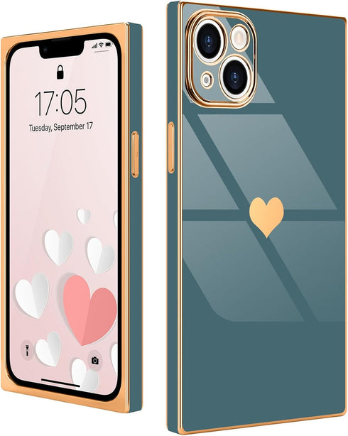 iPhone 13 Case, Square Luxury Plating Gold for Women Girls, Cute Love Heart Pattern Cover - Grey