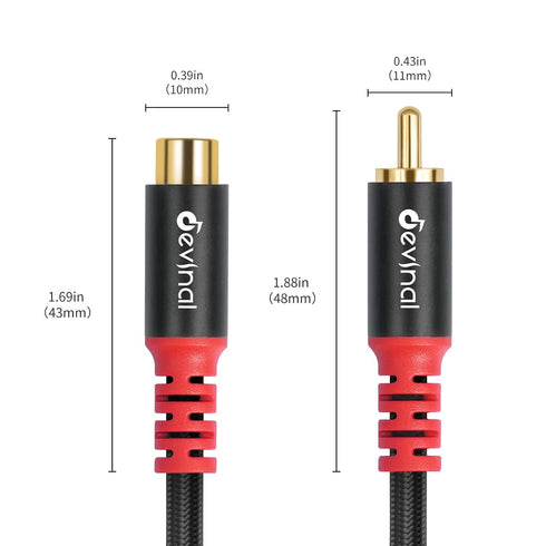 10ft/3m Devinal RCA Female to Male Extension Cable - Premium Audio Extender Cord for High Sound Quality & Durability