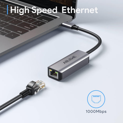 USB C to Ethernet Adapter, ABLEWE Type-C to RJ45 Gigabit Ethernet Adapter, Thunderbolt 3 to RJ45 LAN Network Adapter Compatible for MacBook Pro 2017 and More, MacBook Air, Dell XPS, iPad Pro (Grey)