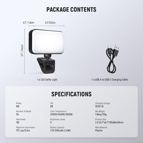 NEEWER 54 CRI88 650mAh, N8 Entry Level Version LED Selfie Light, LEDs Plastic Clip on Phone Fill Lighting for iPhone