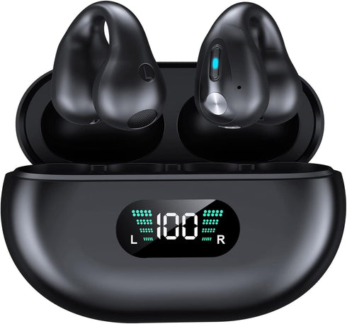 Wireless Ear Clip Bone Conduction Earbuds, Bluetooth 5.3, 18 Hours Playtime, Lightweight, Black for Cycling, Sport,