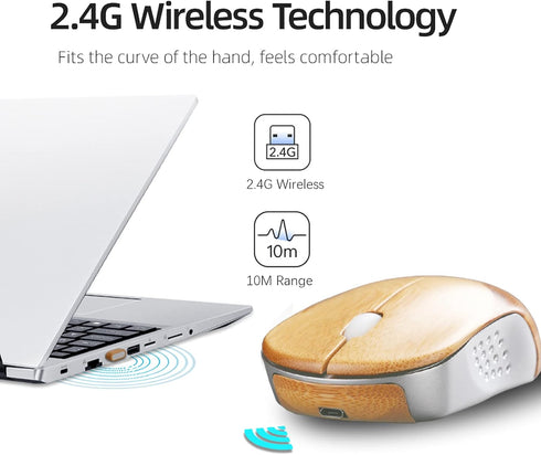 Icemouse Wireless Computer Mouse, Rechargeable Bamboo 2.4GHz Optical Silent Mouse with USB Receiver and 4 Adjustable