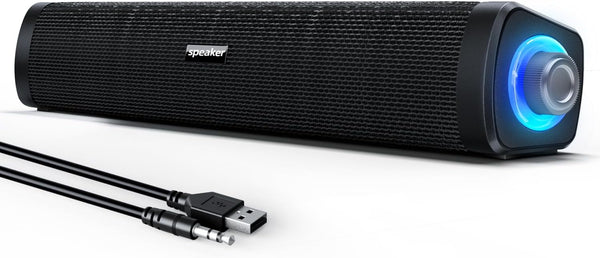 USB Computer Speakers with 3.5 mm Aux, Wired USB Powered SoundBar with Colorful LED Lights for Monitor, Laptop, Phone