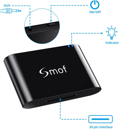 Smof Premium 30 Pin Bluetooth Adapter, Replace iPod/Phone/JBL/Car, Bluetooth Audio Receiver 3.5 mm AUX Output