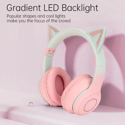 KUIDAMOS Cat Ear Headphones with Detachable Microphone, 7 Colors LED Lights, Foldable Over Ear Headphones, BT and Wired