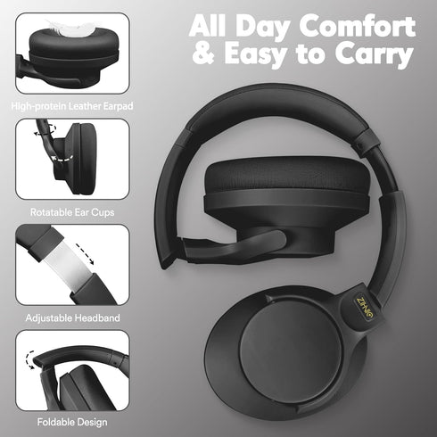 ZIHNIC Active Noise Cancelling Headphones, 60H Playtime Wireless Bluetooth Headset, Low Latency, Black