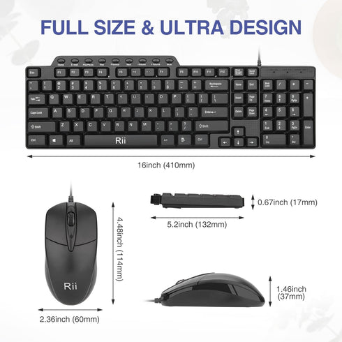 Basic Keyboard and Mouse Rii RK203 Ultra Full Size Slim USB Basic Wired Mouse and Keyboard Combo Set with Number Pad