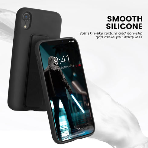 LAUDTEC Silicone Kickstand Case Compatible with iPhone XR case Vertical and Horizontal Stand Hand Strap Metal Kickstand, Flexible Soft Liquid Silicone Stand Case for iPhone XR (Black)