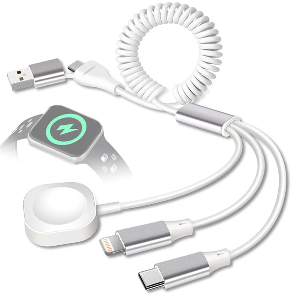 cugunu Coiled USB/Type-C to iWatch/iPhone Multi Charger Cable, 3-in-2 Retractable Fast Charging Cord