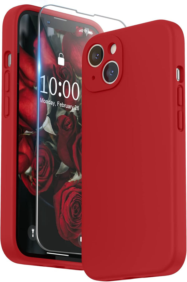 SURPHY iPhone 13 Case (6.1", 2021) - Red Liquid Silicone with Screen Protector, Camera Protection & Soft Microfiber