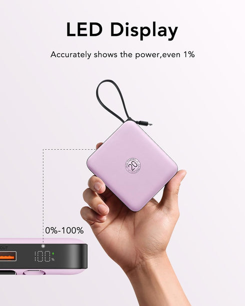 VRURC Portable Charger with Built-in Cable, 10000mAh Power Bank, 22.5W/PD20W Fast Charging USB C Battery Pack with LED