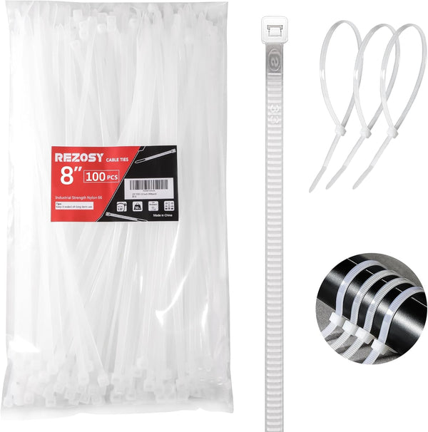 White Zip Ties 8 Inch, 100 Pack Clear Industrial Cable Ties, UV Resistant Self Locking Zipties for Indoor Outdoor Use