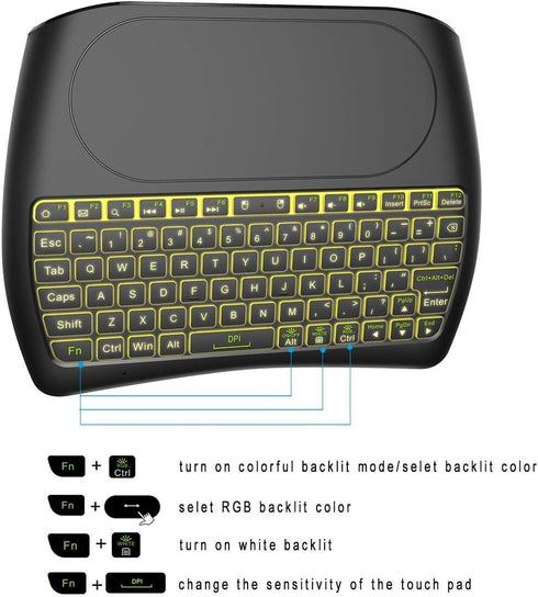 Mini Wireless Keyboard, D8 Mini Keyboard with Touchpad, Colorful Backlit Small Wireless Keyboard for PC, Raspberry Pi