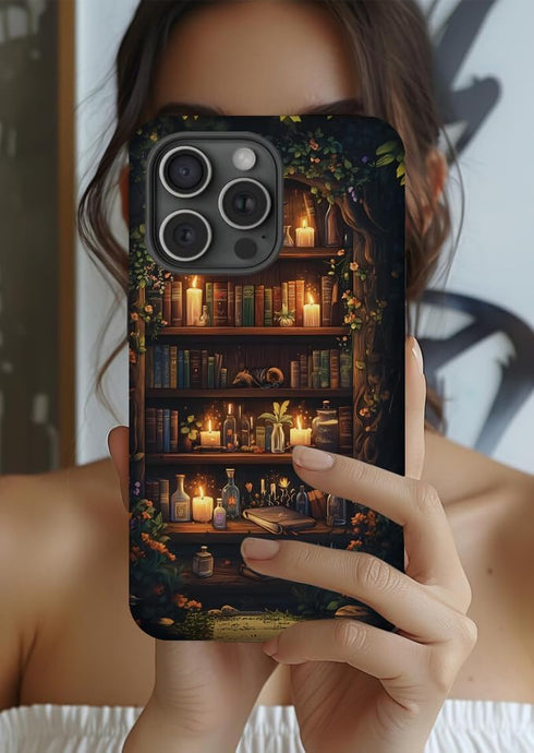 OTTRZMTER 15,Hybrid 2-Layer 15 Case for iPhone Hard Shell Forest Floral Flower Bookshelf Phone Case for Girl Women Boy