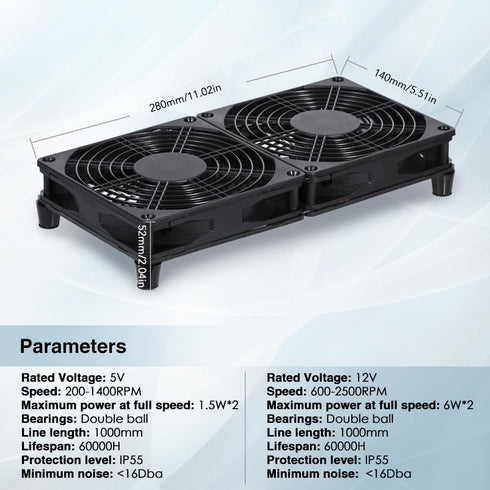xiaoqijia Dual140mm 10-Speed IPX5 5V 12V Adjustable Cooling Case Fan for Receiver DVR Xbox TV Box Router USB/DC Power