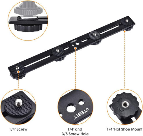 UTEBIT 11 inch Flash Bracket, Long Dual Camera Mount Flash Bracket Extension Bar with 1/4“ Hot Shoe, Straight Flash Brackets 1/4- 3/8 Thread Hole Tripod Mount for Camera/LED Light/Microphone